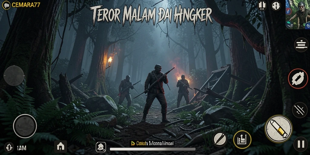 Screenshot CEMARA77 menunjukkan nuansa gelap dan menakutkan saat menjelajahi hutan.