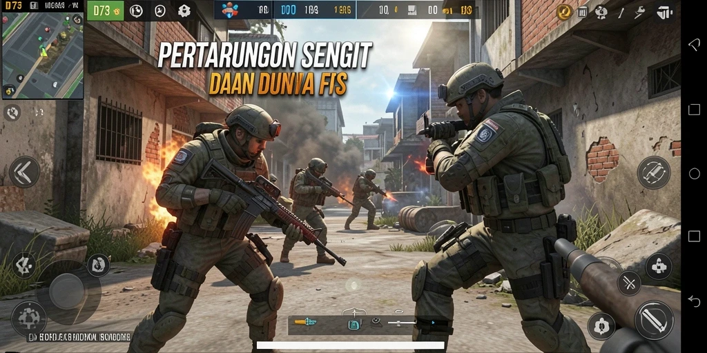 Screenshot D73 menampilkan aksi intens di medan perang FPS.