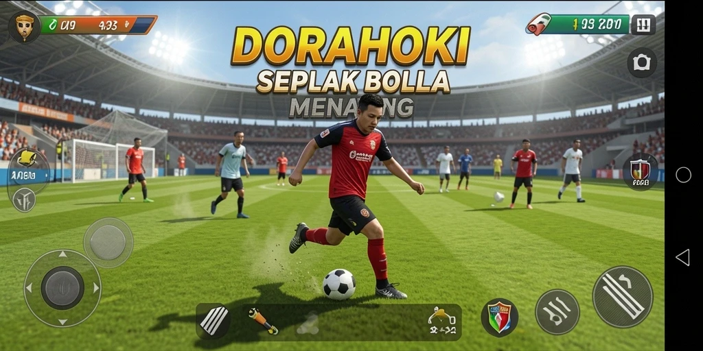 Screenshot utama DORAHOKI menunjukkan aksi seru di lapangan sepak bola.