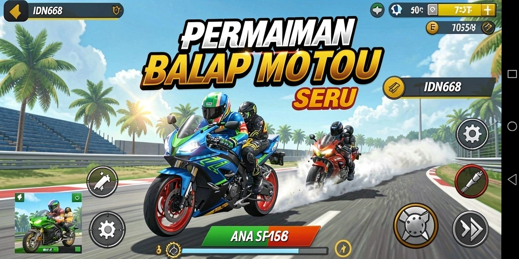 Tampilan layar permainan IDN668 dengan balapan motor yang menantang.