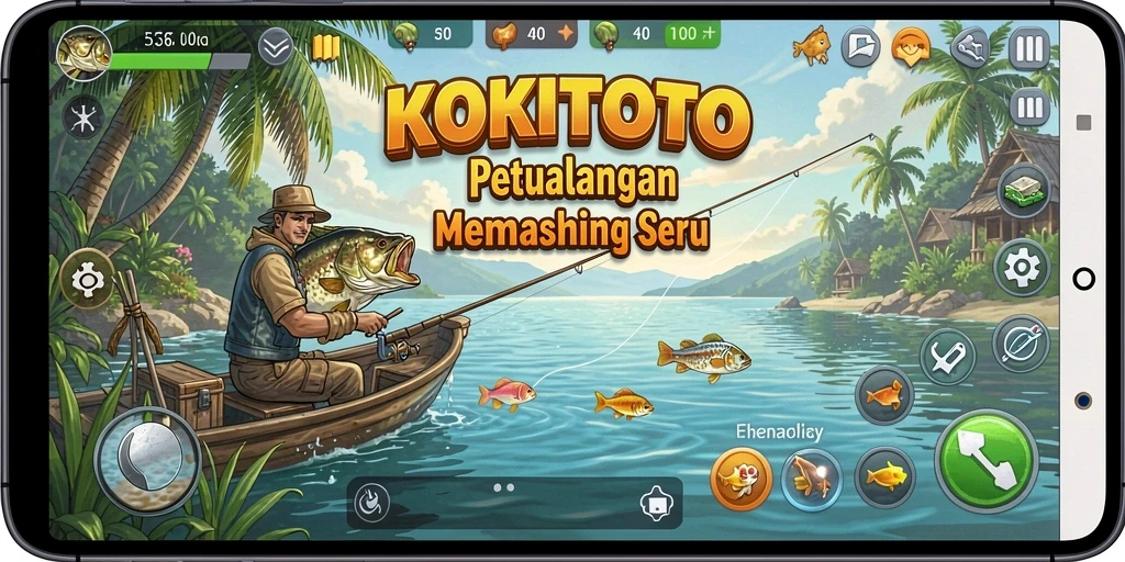Gameplay KOKITOTO yang menampilkan momen seru saat menangkap ikan.