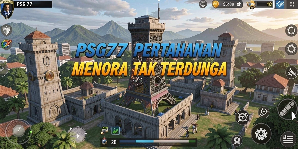 Screenshot dari gameplay PSG77 yang menunjukkan aksi menara pertahanan.
