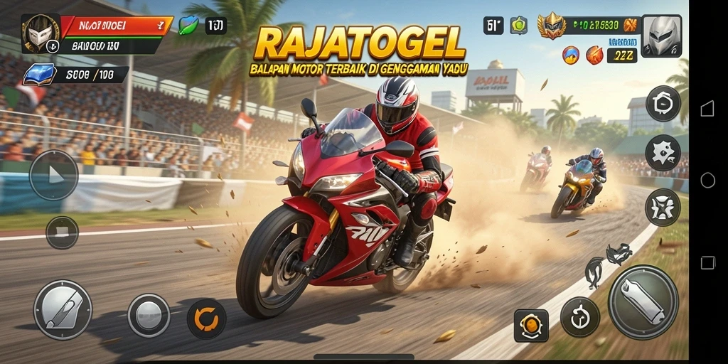 Screenshot gameplay RAJATOGEL dengan aksi balapan motor yang mendebarkan.
