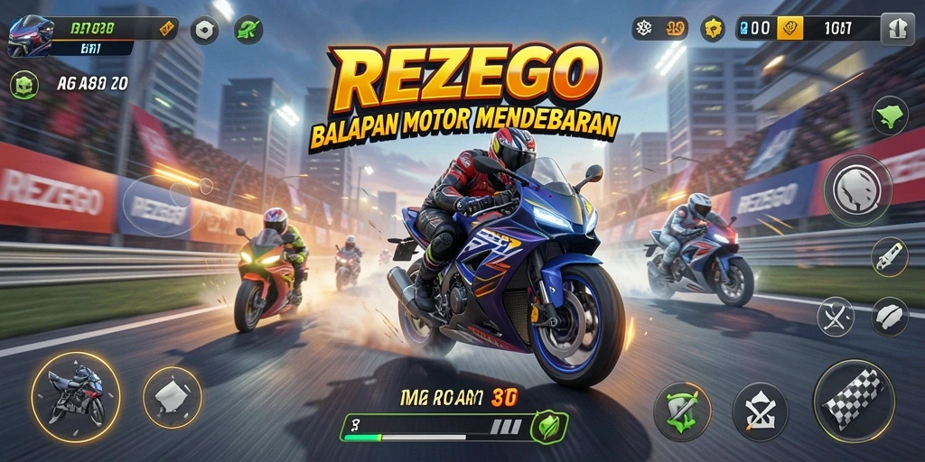 Gameplay seru dalam REZEGO dengan balapan motor yang intens.