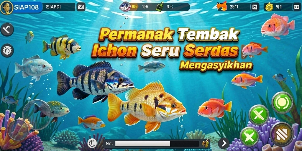 Screenshot utama SIAP108 menampilkan pertempuran seru melawan ikan-ikan besar.