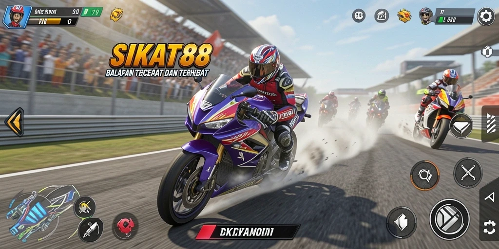 Gameplay SIKAT88 menampilkan aksi balapan motor yang seru dan mendebarkan.