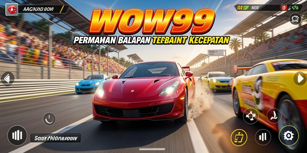 Tampilan gameplay WOW99 dengan mobil balap yang melaju kencang di lintasan.